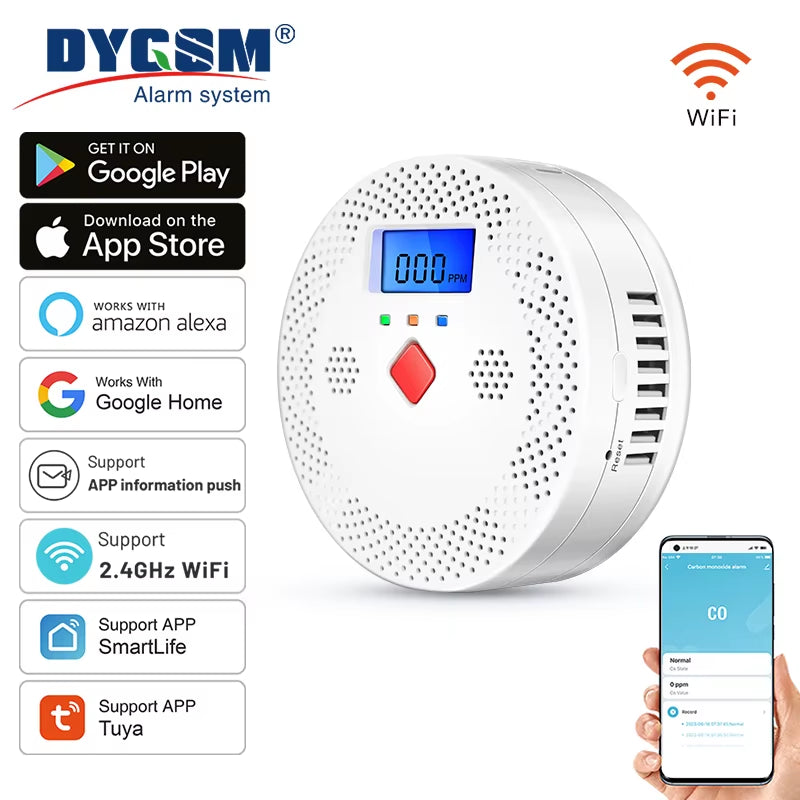 Tuya Wifi Smart Carbon Monoxide Detector Alarm 85Db Sound Warning LCD Digital Display Home Indoor Real-Time CO Monitor Poisoning
