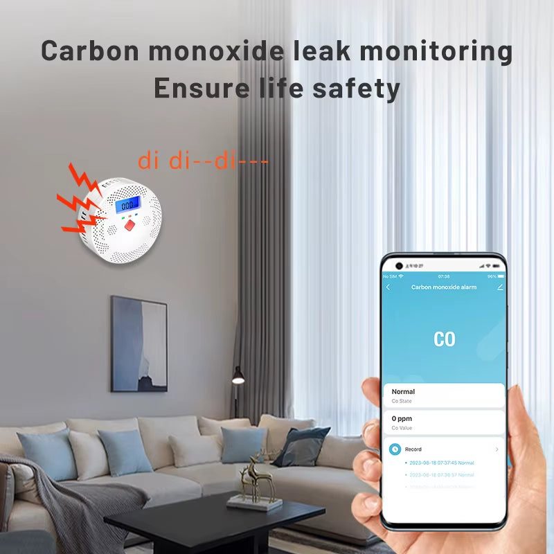 Tuya Wifi Smart Carbon Monoxide Detector Alarm 85Db Sound Warning LCD Digital Display Home Indoor Real-Time CO Monitor Poisoning